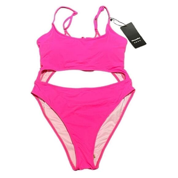 Meyeeka Front Cut Out Lace Up Back Hot Pink Swimsuit, Size L, NWT - Picture 9 of 10